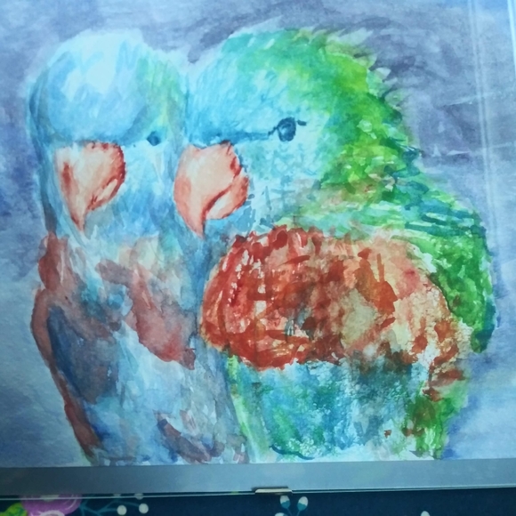 Parrots Original Watercolor Painting Wall Art Love Birds Handmade Artisan - Picture 6 of 10